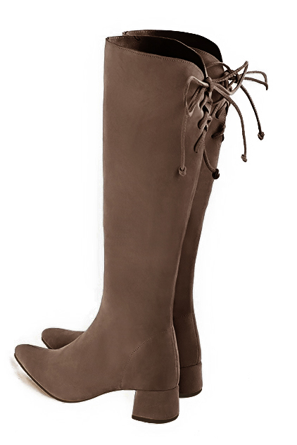 Chocolate brown women's knee-high boots, with laces at the back. Tapered toe. Low flare heels. Made to measure. Rear view - Florence KOOIJMAN
